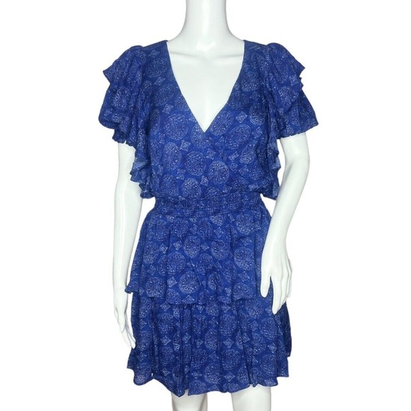 Celina Moon Women's‎ Mini Dress Tiered Ruffle Blue Indigo Block Size Small - Picture 1 of 12